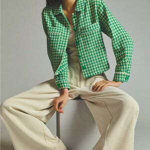 Anthropologie Green Houndstooth Cropped Jacket